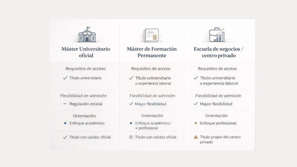 ¿Se puede estudiar un Máster sin título universitario? 2 Comparativa entre Máster Universitario, Formación Permanente y Escuela de Negocios en España